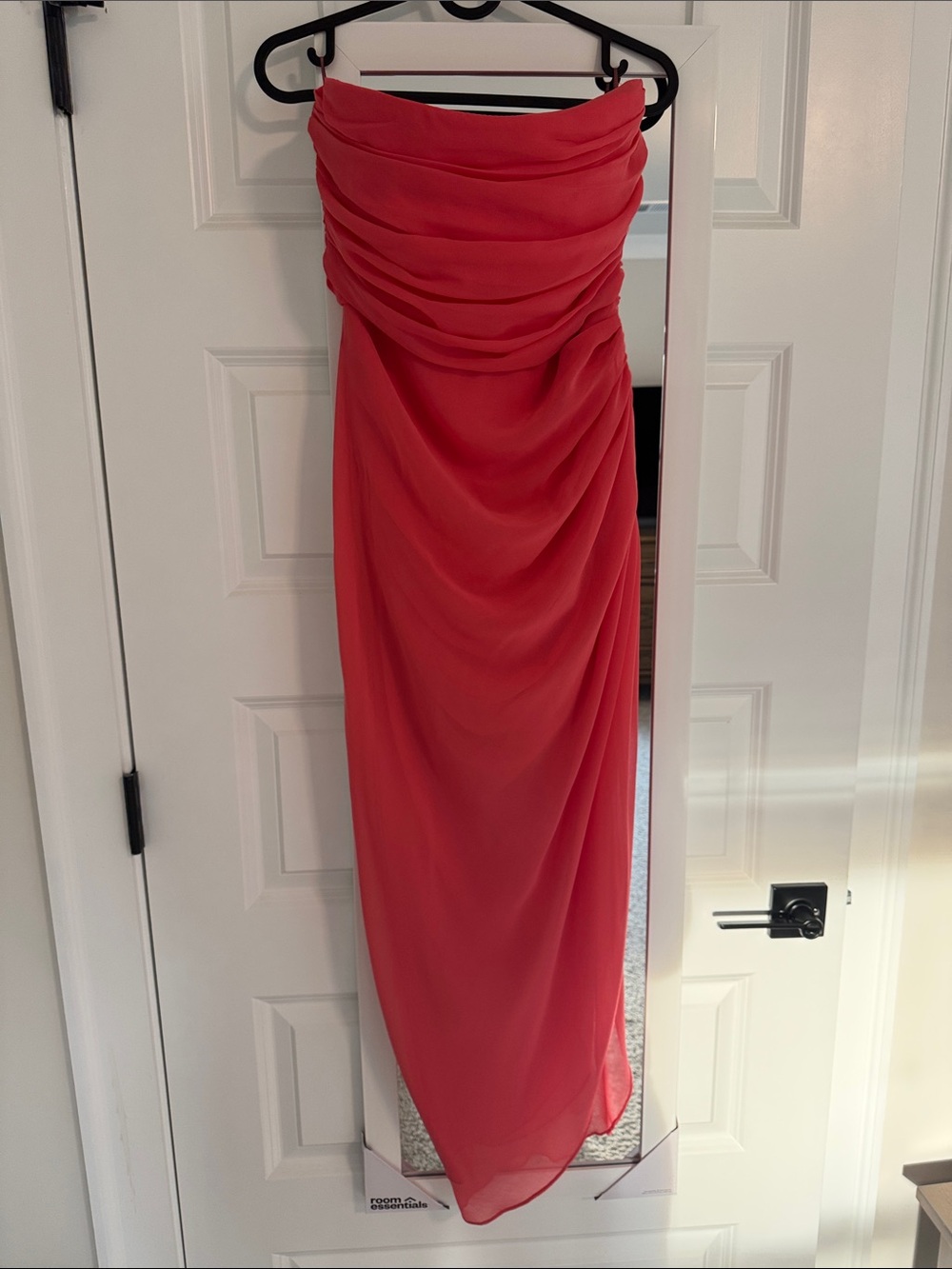 Zara Strapless Ruched Coral-Red Evening Corset, high-low on the side.